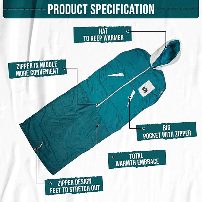 Thermotuff Wearable Sleeping Bag with Dual Hoodie Zippered Arm Holes Pockets &amp Adjustable Drawstring - Ideal for Camping Cold Weather Hiking and Stadium Sak Blanket