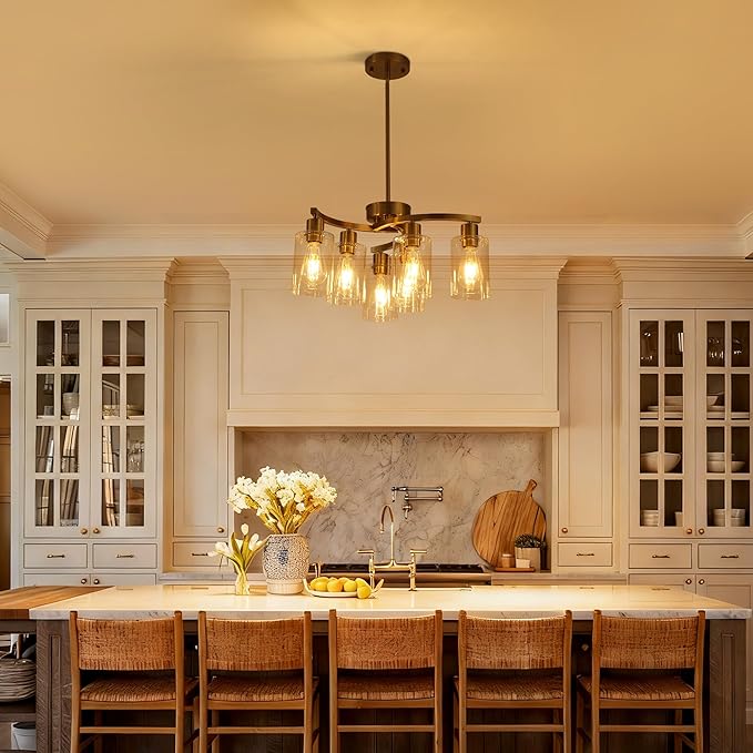 6 Light Gold Dining Room Light FixtureModern Farmhouse Kitchen Chandeliers Over TableAdjustable Height Hanging Pendant Lighting for Kitchen Island with Glass Shade