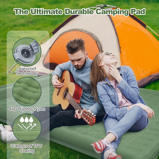 CAMULAND Double Camping Sleeping Pad 4.7 Ultra-Thick Self Inflating 2 Person Inflatable Mat with Built-in Pillow Foot Pump Waterproof for Backpacking Hiking Tent RV TravelOlive Green