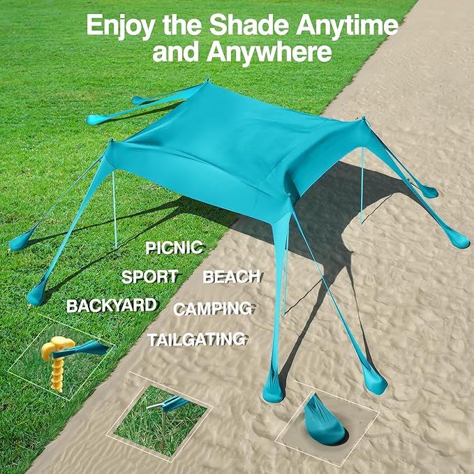 Rhino Valley Beach Tent Shade Canopy UPF50+ Protection 8 Sandbags 4 Stability Poles Outdoor Sun Shelter Umbrella for Sand Camping Fishing Essentials