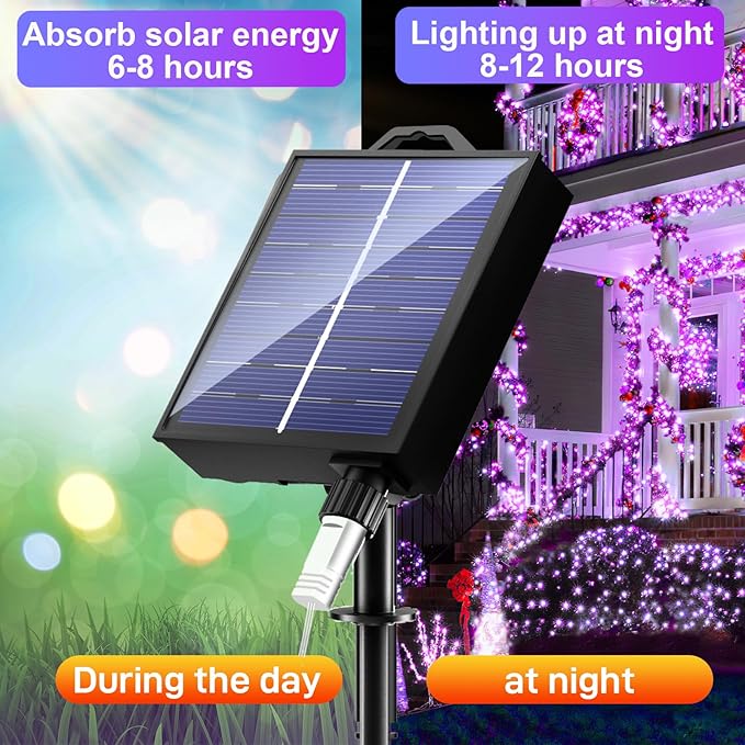 New Upgraded Purple Solar String Lights Outdoor 2 Pack Total 144FT 400LED Solar &amp USB Rechargeable 19 Mode Solar Halloween Lights for Outside Yard Patio Garden Party Xmas Halloween Decorations Pu