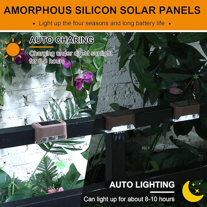 Geelin 32 Pcs Solar Deck Lights Outdoor Waterproof LED Solar Step Fence Lights for Stairs Step Railing Patio Driveway Garden Pathway and Yard(Brown Shell Cool White Light)