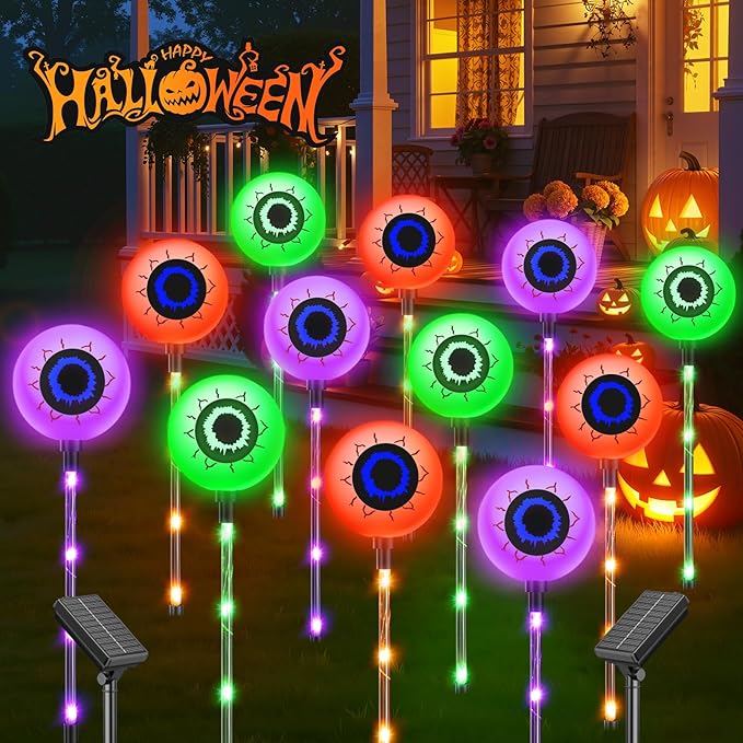 2025 Upgraded 12 Pack Halloween Solar Eyeball Lights Outdoor Decorations: 8 Modes Multicolor Waterproof Halloween Pathway Lights Orange Purple Green Colorful LED Scary Light for Garden Yard Decor