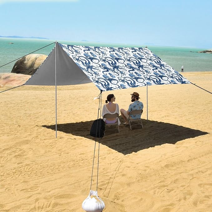ALAZA Octopus Polka Dots Beach Tent Sun Shelter UPF50+ Protection Beach Shade Canopy w/ 4 Sandbags for Outdoor Camping Fishing Backyard Fun Picnic 10x9 ft