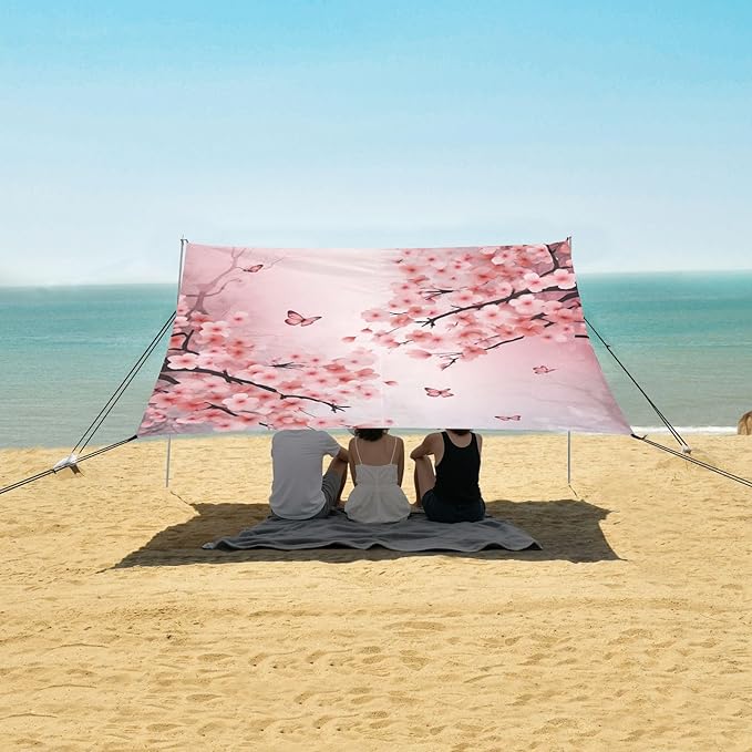 Pink with Butterflies Beach Tent Sun Shelter 9.2' x 10.5' Beach Canopy with 4 Sandbags 4 Stability Poles Sand Shovels - Tent Canopy for Beach Camping Fishing Picnics
