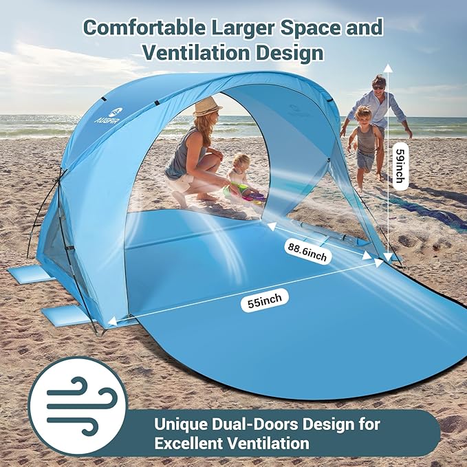 Beach Tent Sun Shelter Beach Tent with Beach Mat Set 4 Person Portable Beach Shade Canopy with UPF 50＋ UV Protection Dual-Door Ventilation Design Easy Setup Family Beach Umbrella (Blue)