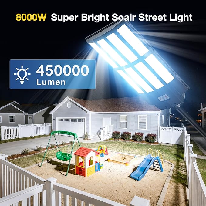 8000W Solar Lights Outdoor Waterproof 7000K Solar Street Light Motion Sensor 450000LM Solar Security Light IP66 Waterproof Solar Street Lights Outdoor Dusk to Dawn for Parking Lot Yard Farm