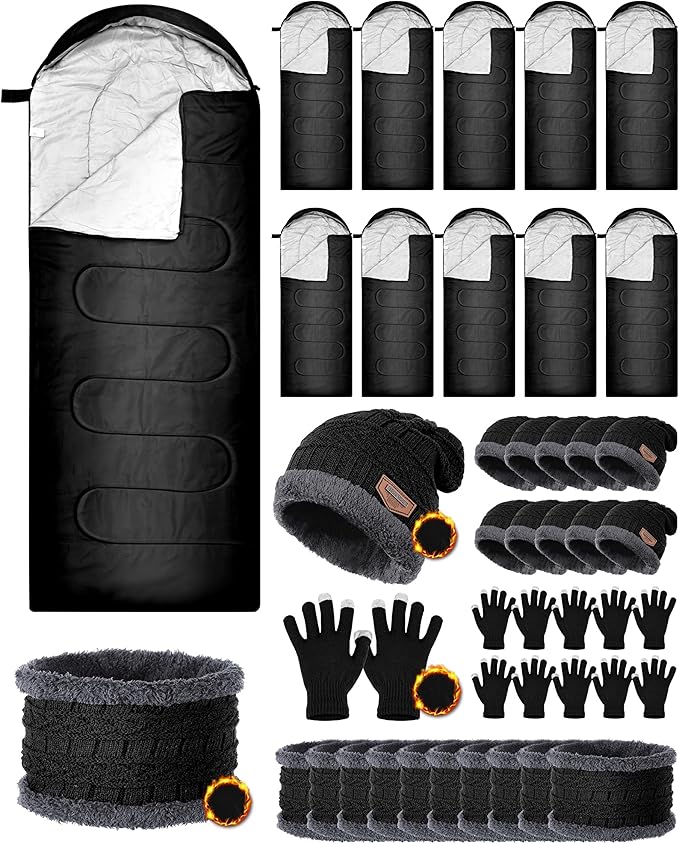40 Pcs Bulk Sleeping Bags Adult for Homeless Sleeping Bags Cold Weather Waterproof with Winter Hats Gloves Scarves and Mittens for Camping Emergency Use