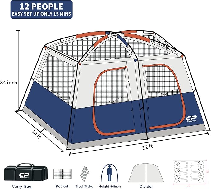 CAMPROS CP 12 Person Cabin Tent 2 Room Extra Large Straight Wall Camping Tents Waterproof Windproof with Top Rainfly 6 Large Mesh Windows Double Layer Easy Set Up Family Tent