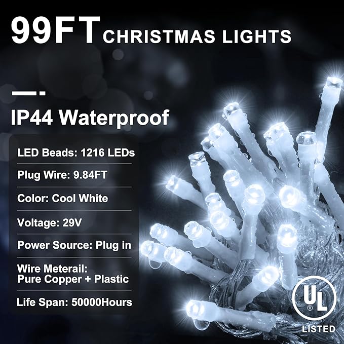 KNONEW 99FT 1216 LED Christmas Lights Outdoor Decorations 8 Modes White Curtain String Light with 228 Drops Clear Wire LED String Light Indoor Decor for Wedding Party Holiday Christmas