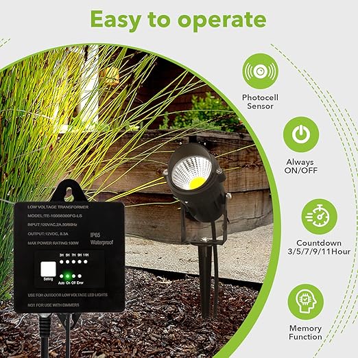 100W Low Voltage Landscape TransformerWaterproof Low Voltage Transformer with Timer and Photocell Sensor120V AC to 12V DC Landscape Lighting Transformer for Outdoor LED Spotlight Path Light