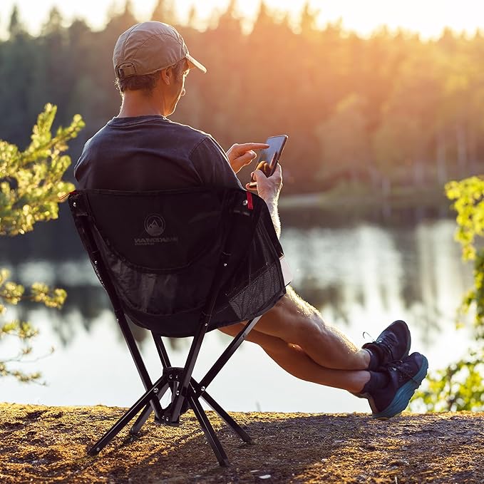 Portable Camping Chair - Compact Foldable and Lightweight Backpacking Chair with Carrying Bag - Backpacking Gear for Picnic Camp Hiking and Outdoor Field Use by Wakeman (Black)