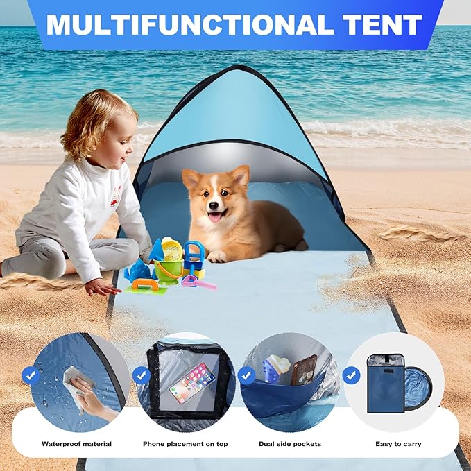 Beach Tent for Pet Shade Pop Up Portable Mini Head Sun Shelters Canopy with Beach Blanket for Camping Outdoor Hiking Picnic Windproof Waterproof with Tent Nails Phone Stand (Blue)