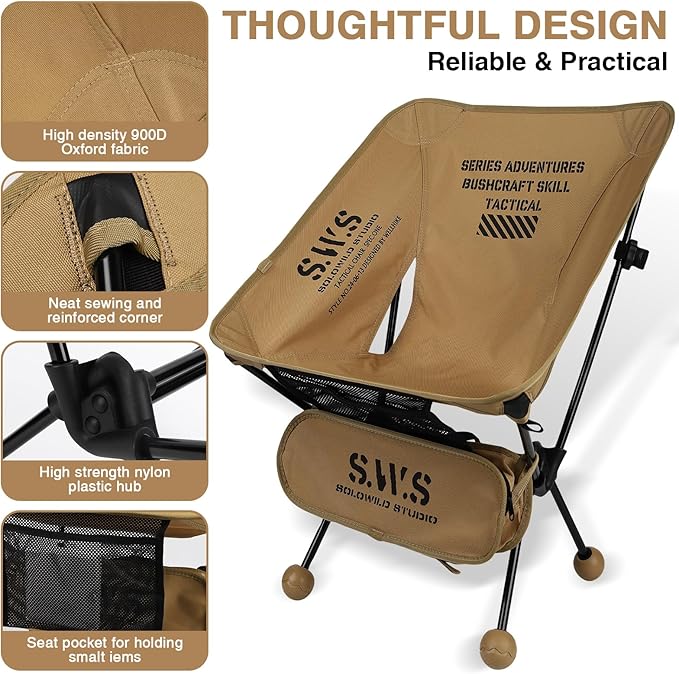 Camping Chair/Pocket Chair 2.4 LBS Portable Foldable Compact with Aluminum Alloy &amp Seat Pocket for Outdoor Camp Travel Beach Picnic Festival Supports 330LBS (Khaki)