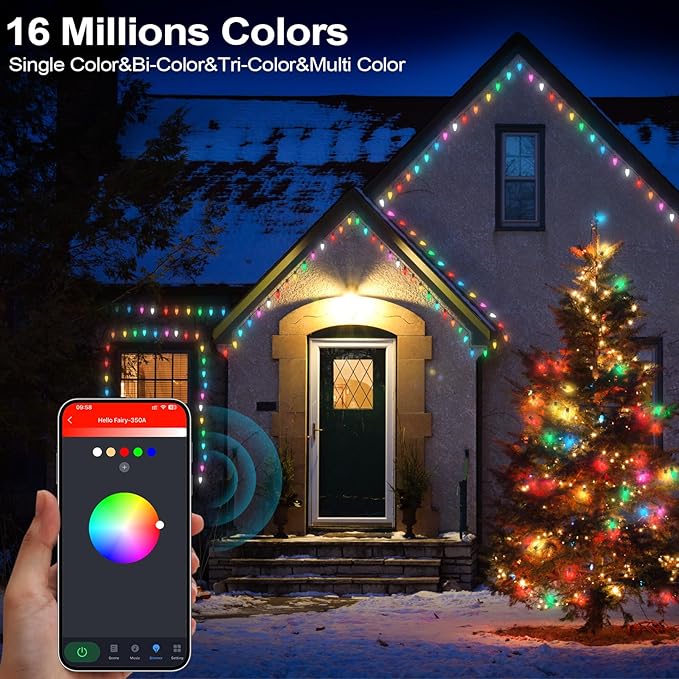 Christmas Outdoor Lights C9 33FT 50 LEDs Smart APP Remote Control RGB String Lights Plug in DIY Chasing Xmas Lights Color Changing with Timer &amp Music Sync for Holiday Xmas Tree Decoration