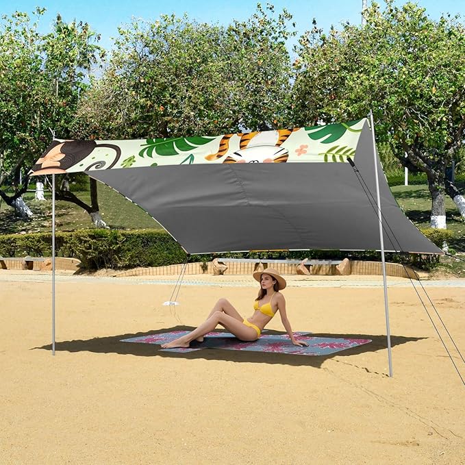 Cute Jungle Animals Palm Leaf Camping Sun Shelter Beach Tent Portable Beach Sun Shade Outdoor Canopy for Camping Trips Fishing Picnic