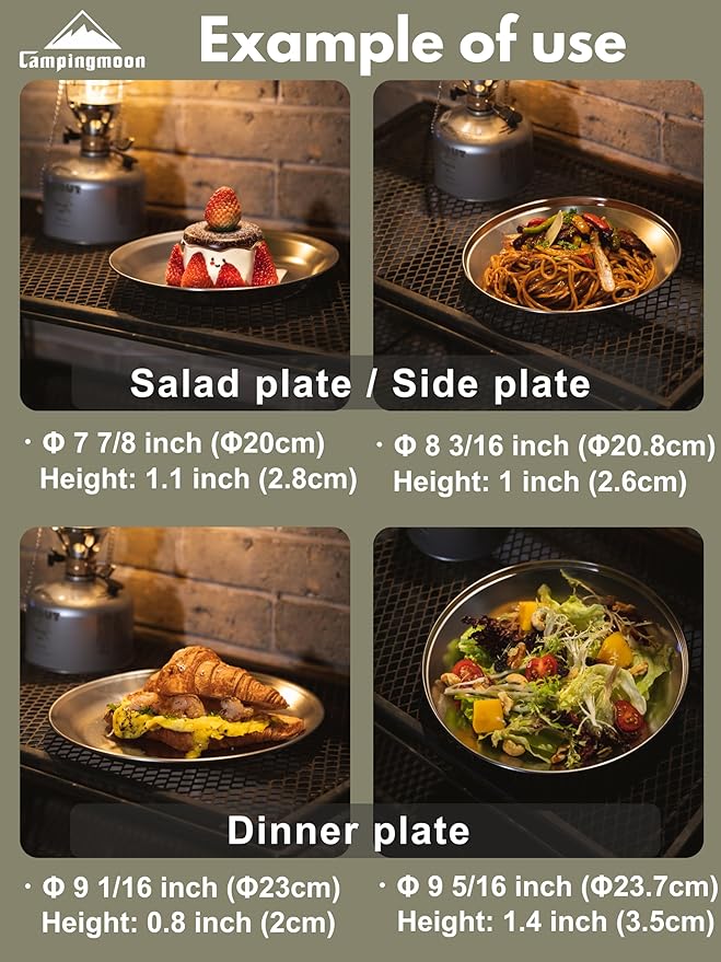 CAMPINGMOON Camping Plates 8 pack set Salad Side Dinner Plate Dishes Outdoor Tableware Stainless Steel with Canvas Case S397-2S