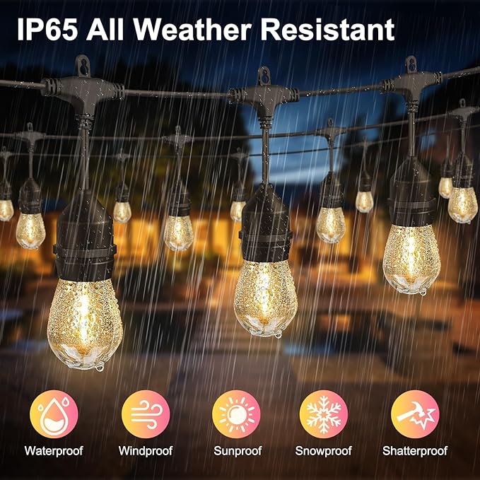 50FT LED Outdoor String Lights with 15+2 Shatterproof Bulbs IP65 Waterproof Commercial Grade Patio String Lights for Outside Porch Backyard Garden Deck Decor 2700K Dimmable