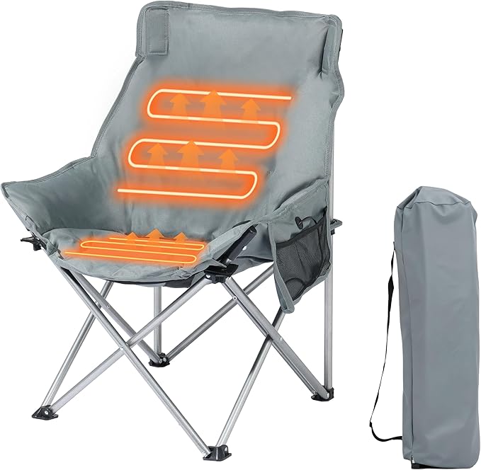 SunSettler Heated Camping Chair Oversized Heated Outdoor Chairs for Adults with 3 Heat Levels Portable Folding Padded Chair for Camp Lawn Sports (Battery NOT Included) (Grey Small)