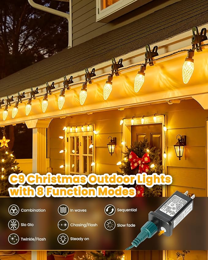 Minetom C9 Christmas Lights Outdoor 88FT 110LED String Lights with 8 Lighting Mode Waterproof Connectable UL Certified Warm White C9 Christmas decorations for Indoor Outdoor Patio Roofline Decor 2PC
