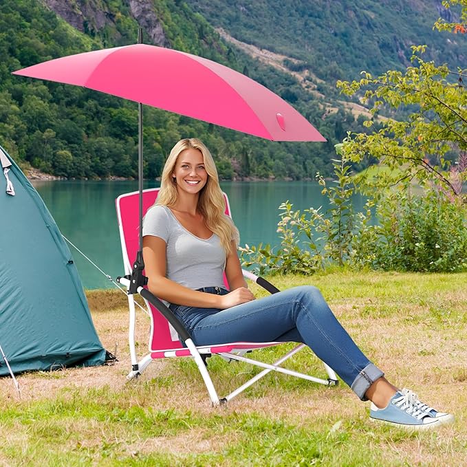 GYMAX Folding Beach Chair 330lbs Low Seat Camping Chairs with Removable Adjustable Umbrella Carry Bag Armrests Anti-Slip Foot Pads Lightweight Mesh High Back for Lawn BBQ Sport Event (1Pink)