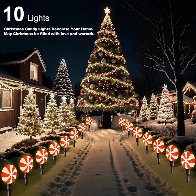 Ultimate Unicorn Christmas Lollipop Pathway Lights for Garden Christmas Decoration Red 10 LED Peppermint String Lights with Stakes for Outdoor Sidewalk Pathway Rooftop Lawn Garden