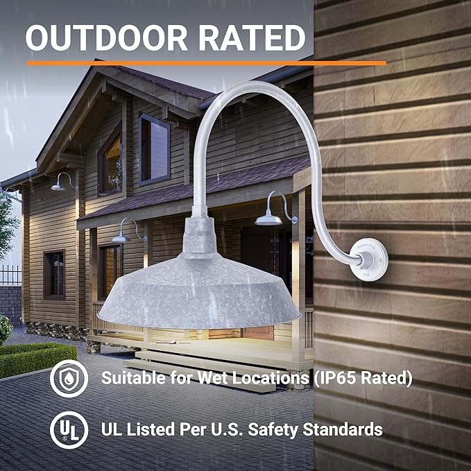 17in. Galvanized Finish Outdoor Gooseneck Barn Light Fixture with 24in. Long Extension Arm - Wall Sconce Farmhouse Vintage Antique Style - UL Listed - 9W 900lm A19 LED Bulb (5000K Cool White)