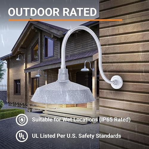 17in. Galvanized Finish Outdoor Gooseneck Barn Light Fixture with 24in. Long Extension Arm - Wall Sconce Farmhouse Vintage Antique Style - UL Listed - 9W 900lm A19 LED Bulb (5000K Cool White)