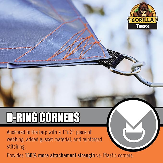Gorilla 97050E Max Tough Tarp 6' x 8' - Heavy-Duty 14 MIL &amp 16X16 Weave - UV Treated Reinforced Hems Brass Grommets Durable and Weather-Resistant D-Ring Corners - 97050