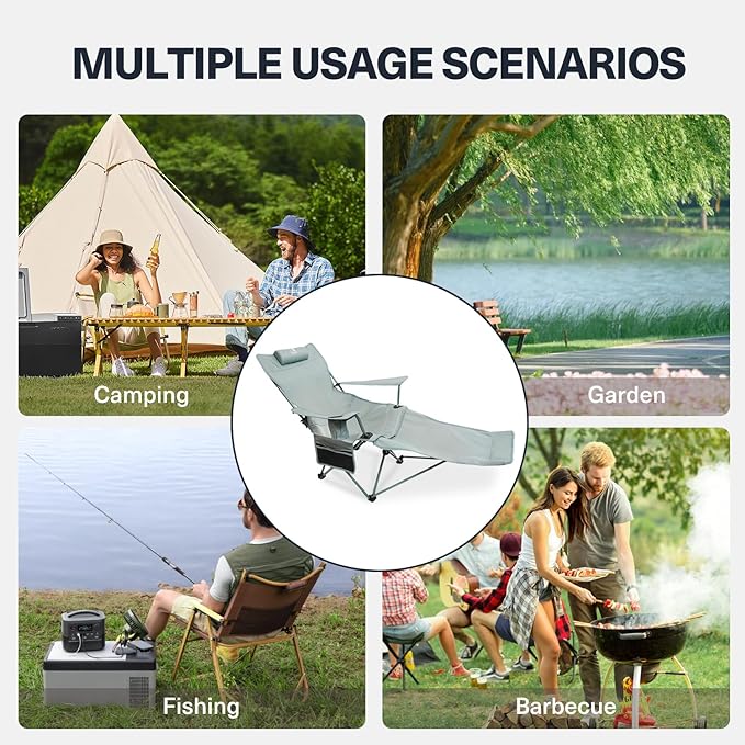 2-in-1 Reclining Camping Chair Portable Folding Beach Lounge Chair with Footrest &amp Adjustable Backrest Comfortable Lawn Chair for Adults Heavy Duty with Cup Holder for Outdoor Poolside Sports