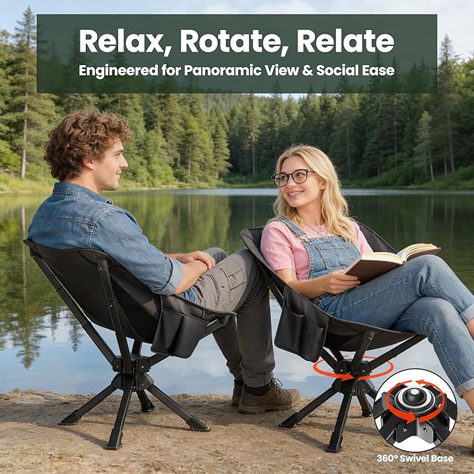 Folding Camping Chairs Lightweight &amp Portable No Assembly 360° Swivel Camping Chair for Adults Compact Outdoor Chairs for Beach Lawn Travel Backpacking Hiking Fishing