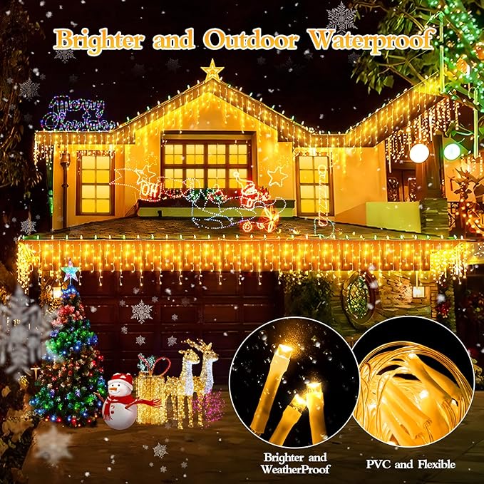 98FT 960 LED Christmas Lights Waterproof 8 Modes Ice Lights for Outside with Memory and Timer Hanging Fairy Lights Plug-in Curtain String Lights for Holiday Party Wedding Home (Warm White)