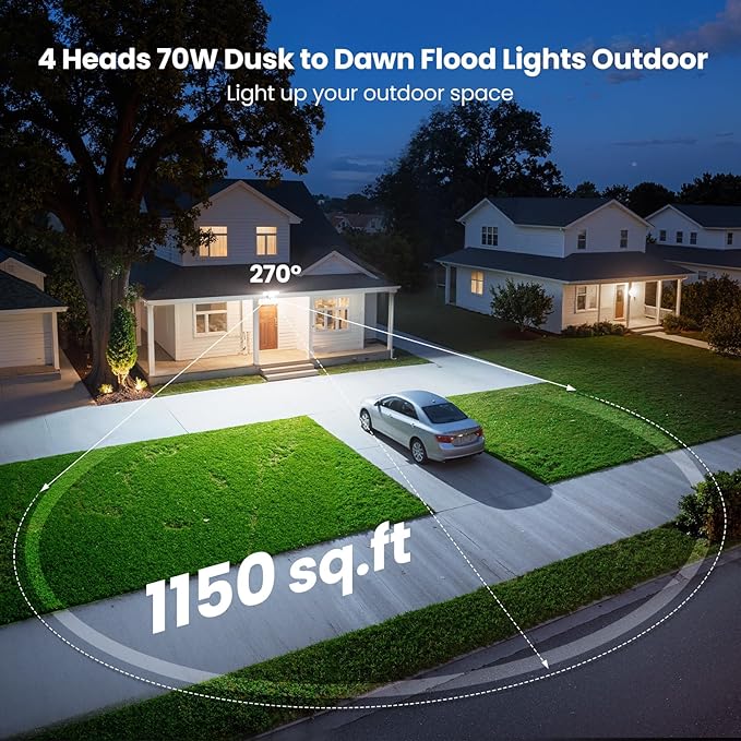 70W Dusk to Dawn Flood Lights Outdoor Lighting 7000LM Dusk Till Dawn Floodlight 4 Heads LED Security Light with Photocell IP65 Waterproof 6500K Daylight for Yard Garage Porch 2 Pack Black