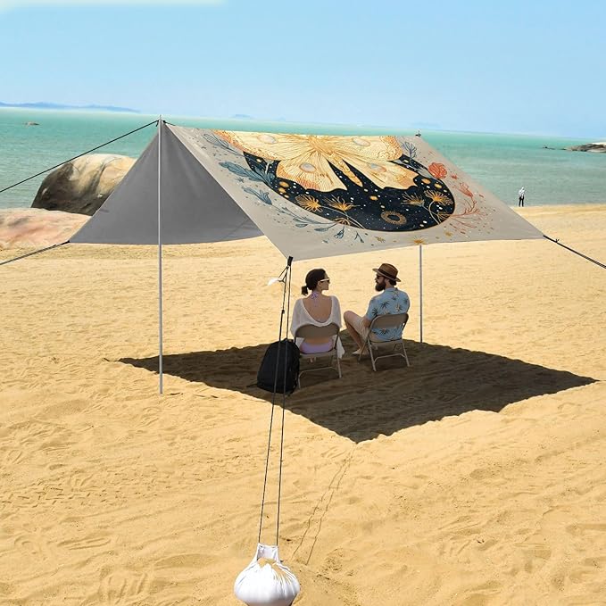 ALAZA Butterfly Moon Star Dandelion Beach Tent Sun Shelter UPF50+ Protection Beach Shade Canopy w/ 4 Sandbags for Outdoor Camping Fishing Backyard Fun Picnic 10x9 ft
