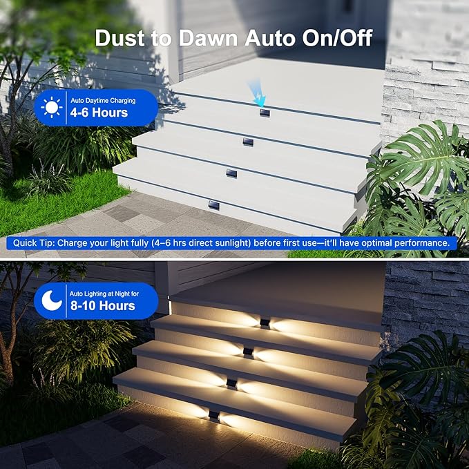 6 Pack Solar Powered Step Lights Outdoor Waterproof LED for Deck Stair Safety Outside Decorative Lamp for Yard Patio Porch Railing Pathway Fence 2 Sided Warm White Lighting for Enhanced Security