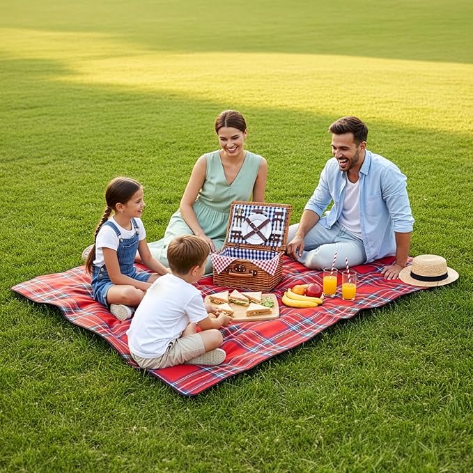 scuddles Extra Large Picnic Blanket – 59 x 53 Waterproof &amp Sandproof Outdoor Mat with Soft 3-Layer Comfort Foldable Design &amp Carry Strap for Beach Camping Travel Parks &amp Family Picni