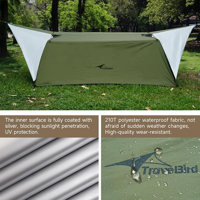 14ft Hammock Rain Fly Lightweight Waterproof Camping Tent Tarp with Doors and Dual Support Poles Bushcraft Tarp Shelter for Backpacking Hiking Camping