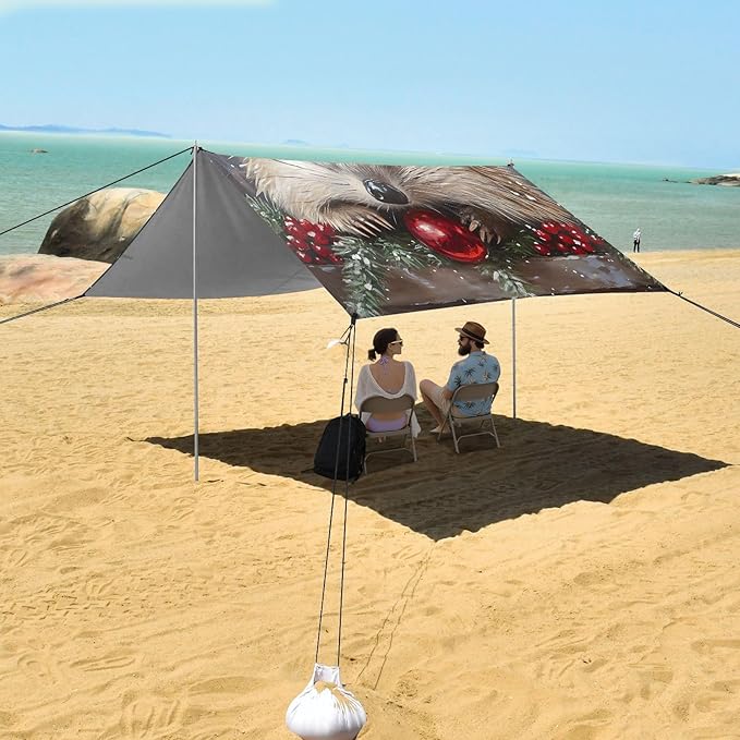 ALAZA Christmas Hedgehog Beach Tent Sun Shelter UPF50+ Protection Beach Shade Canopy w/ 4 Sandbags for Outdoor Camping Fishing Backyard Fun Picnic 10x9 ft