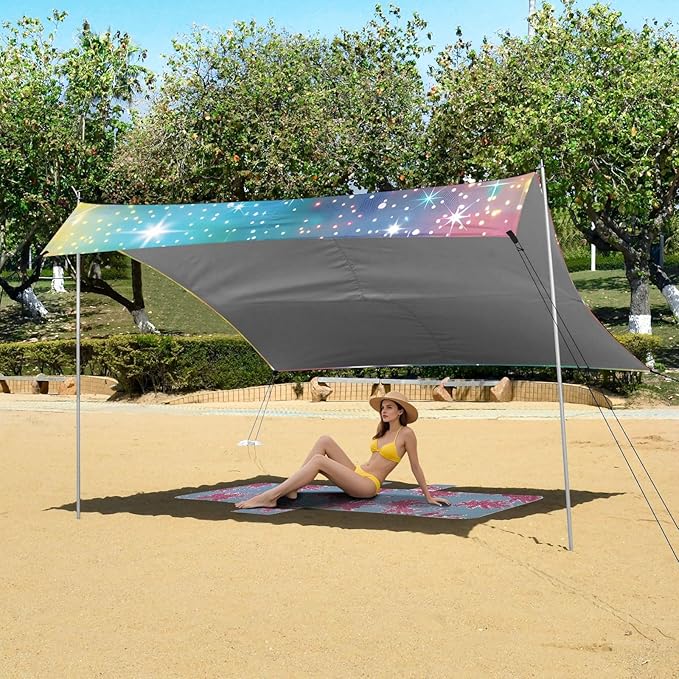 Bolaz Beach Canopy Tent Sun Shade9'×10.5' Large Family Beach Shade UPF50+- Outdoor Shade for Camping Trips FishingYellow White Flash Rainbow Gradient Pattern