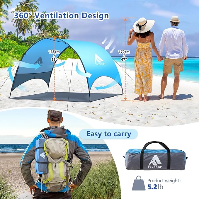 Beach Umbrella with UPF 50+ UV Protection – Compact &amp Portable Beach Tent Canopy with 360° Ventilation Wind Ropes &amp Stakes – Family Travel Backyard Park Shade (Blue 90.5 * 59 * 53″)
