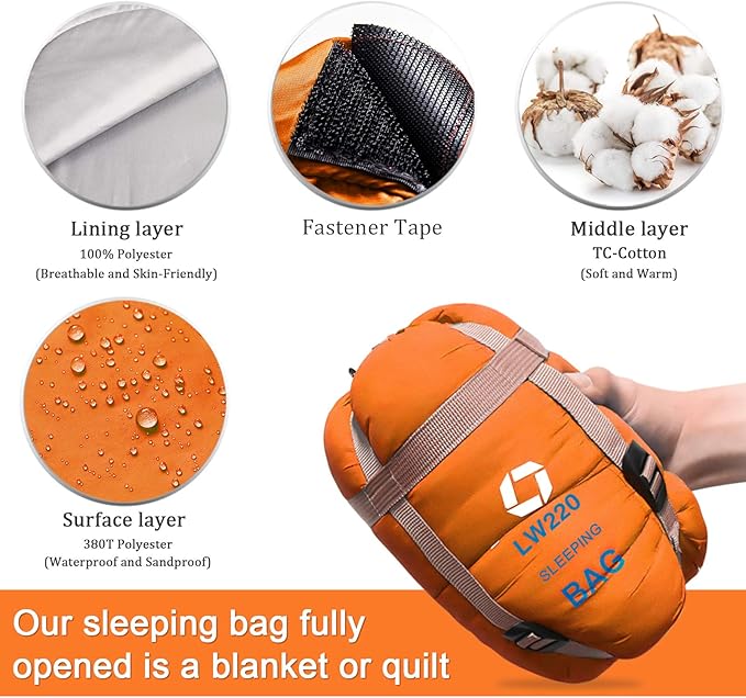 ECOOPRO Warm Weather Sleeping Bag - Portable Waterproof Compact Lightweight Comfort with Compression Sack - Great for Outdoor Camping Backpacking &amp Hiking-83 L x 30 W Fits Adults