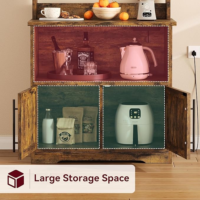 GAOMON Farmhouse Bakers Rack with Storage Cabinet and Charging Station Kitchen Hutch with Thickened Tabletop Power Outlets &amp USB Ports Pantry Organizer Shelf for Kitchen and Dining Room Brown