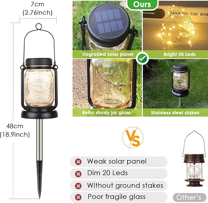 Mlambert 4 Pack Solar Hanging Lantern with Stakes Outdoor Waterproof Solar Mason Jar Fairy String Lights Decorative Vintage Glass Lamp-Warm White