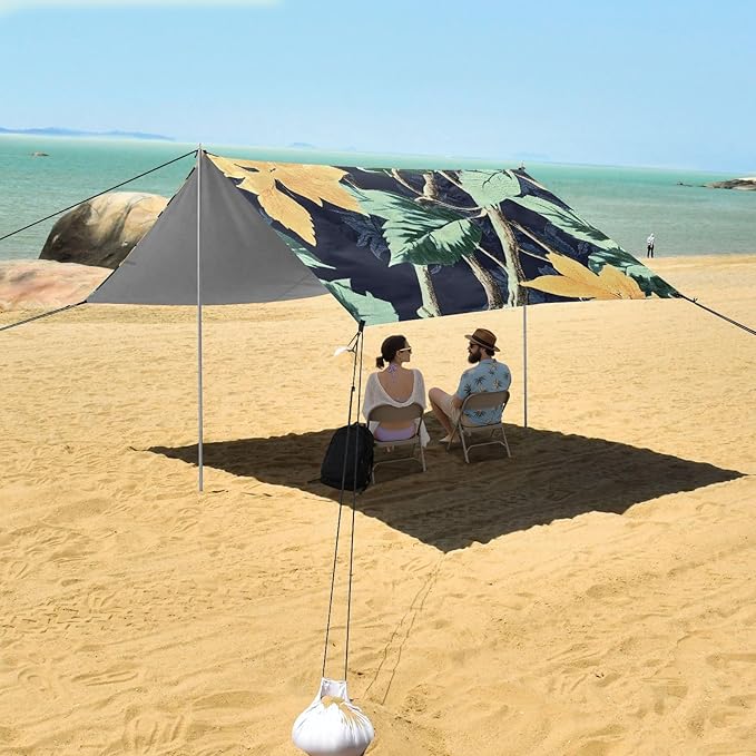 Bolaz Beach Canopy Tent Sun Shade9'×10.5' Large Family Beach Shade UPF50+- Outdoor Shade for Camping Trips FishingTropical Leaves Pattern