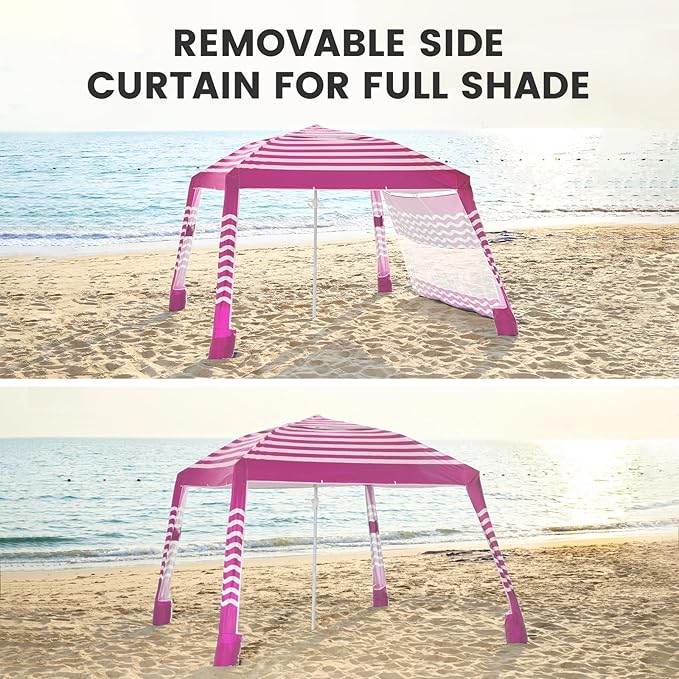 Zeraty Beach Cabana 8'×8' Portable Beach Canopy with Side Wall Easy Pop Up UPF 50+ Silver-Coated Beach Tent Sun Shelter Wind Resistant Adjustable Height Beach Umbrella Tent for Family Pink