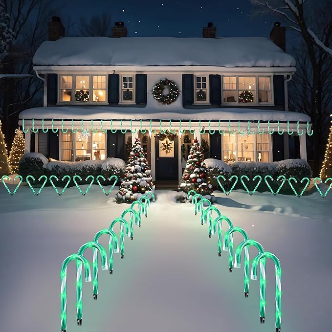 10 Christmas Candy Cane Lights - Set of 10 Pathway Markers Christmas Outdoor Yard Decorations Green Xmas Candy Cane Stake Lights for Lawn Walkway Garden Xmas Party Indoor Ornaments