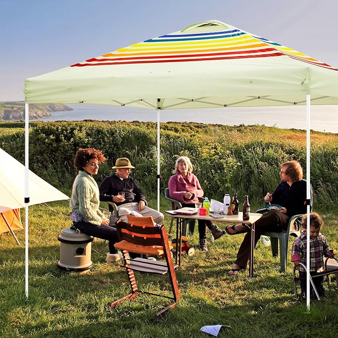 EAGLE PEAK Pop Up Canopy Tent with Wheeled Carry Bag 8 Stakes 4 Ropes 4 Weight Bags Easy Set Up Tent Canopy 10x10 ft 100sqft of Shade Retro Stripe Tan