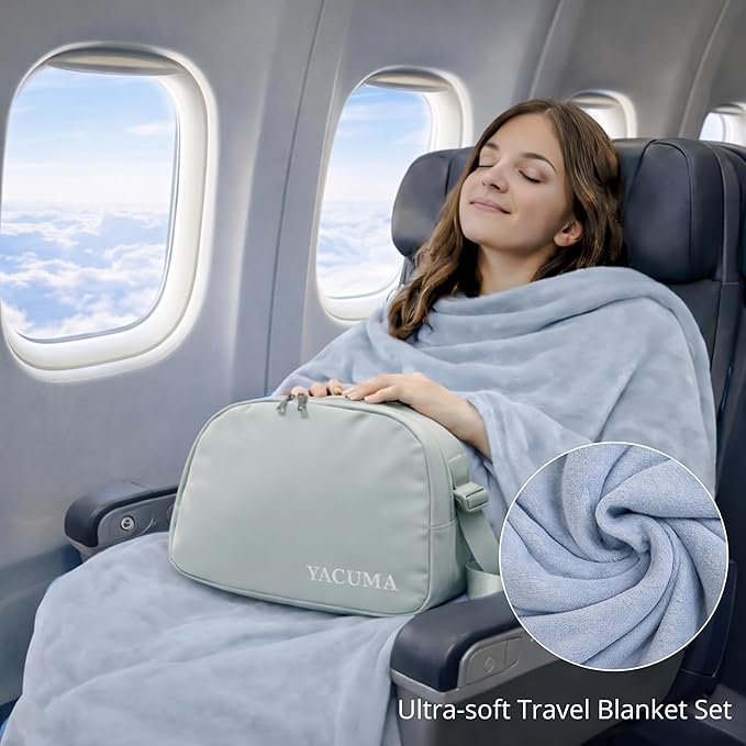 Travel Blanket Airplane Compact with Bag Ultra-Soft 40 x 60 Flannel Travel Organizer Bag with Adjustable Strap Lightweight Warmth for Long Flights