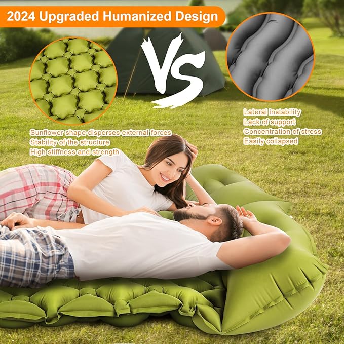 Double Sleeping Pad Ultralight 4 Extra-Thick Self Inflating Sleeping Mat for 2 Person with Pillow Built-in Foot Pump Portable Camping Mat for Backpacking Hiking Traveling Tent Camping