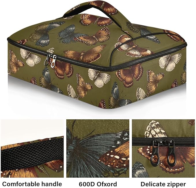 Casserole Carrier Green ButterfliesInsulated Casserole Carrier for Hot or Cold Food Thermal Lunch Tote for Potluck Parties Picnic Beach Fits 9 x 13 Inches Baking Dish